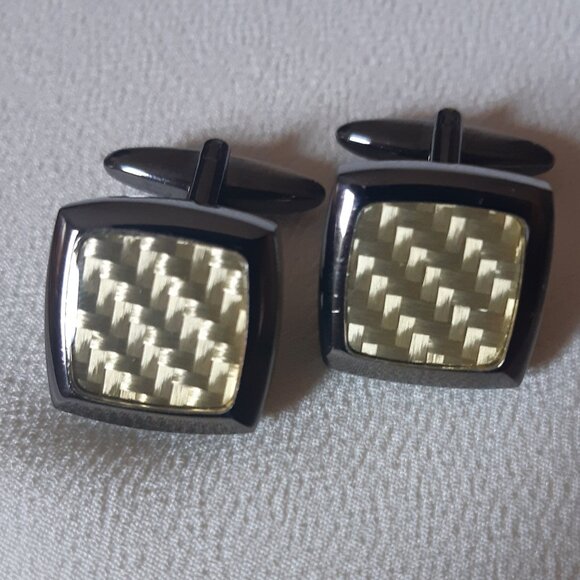 Cuff Links Gunmetal 3/4" Golden Yellow Lenticular 3D Mosaic Inlay - Picture 2 of 8